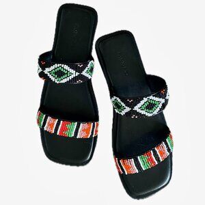 NEW Farm Rio Flat Sandals Multi-Color Beaded Straps Square Toe Slip-On Sz 8